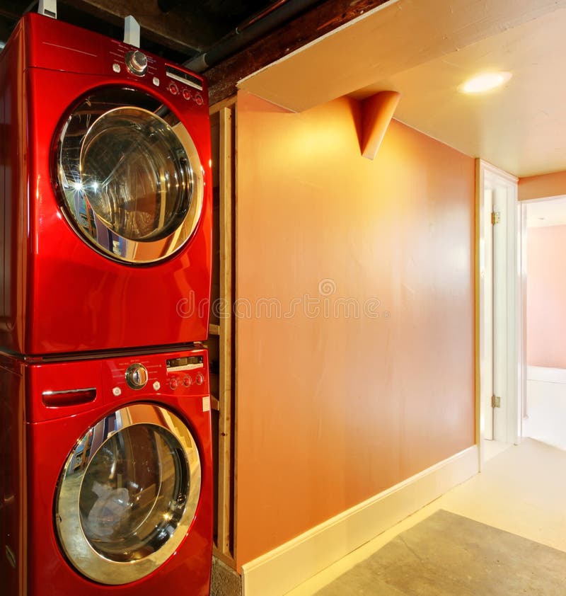 Washer and Dryer in Red in the Basement Stock Photo Image of washer, house 23300456