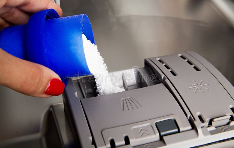 Dishwasher with Dirty Dishes. Powder, Dishwashing Tablet and Rinse Aid