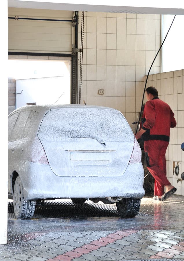 Washerman Washing Car at Carwash Service Stock Image Image of water
