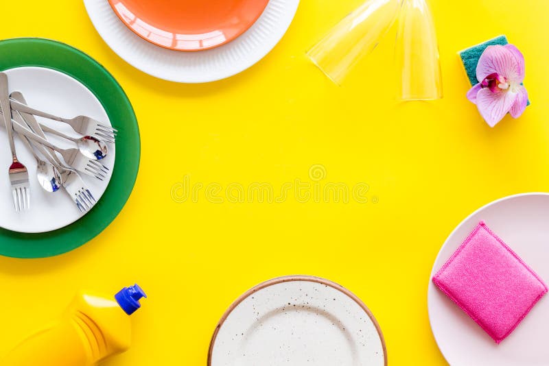 Yellow Sponges For Dishwashing On A White Plate On A Neutral Gray  Background. Gentle Dishwashing. House Cleaning. Stock Photo, Picture and  Royalty Free Image. Image 198183379.