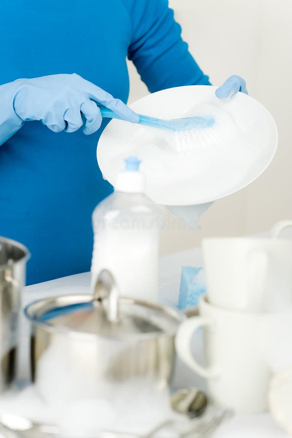 Washing Dishes Hands with Gloves in Kitchen Stock Image Image of