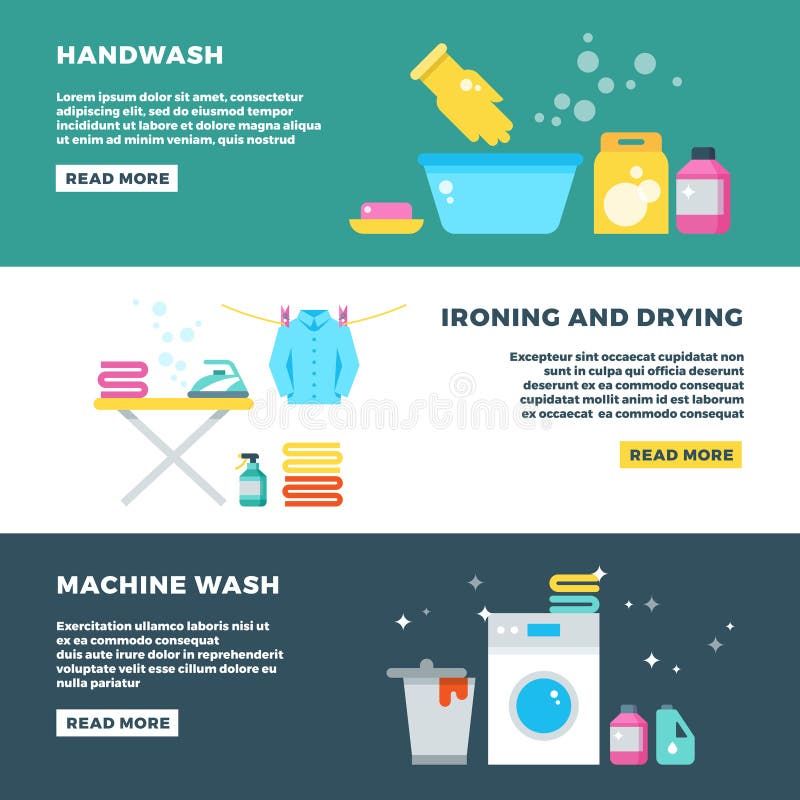 Washing and drying clothes, laundry service vector advertising banner. Service washing machine, illustration of wash banner