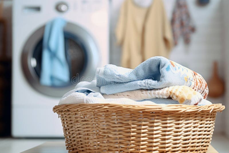 A washing machine and a basket of clean laundry vector illustration