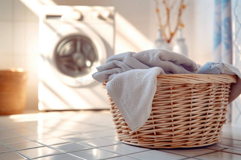 A washing machine and a basket of folded textiles vector illustration