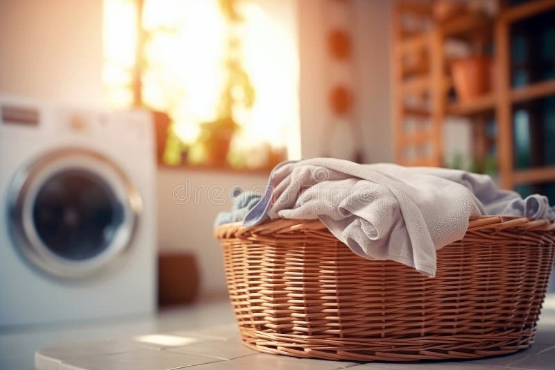 A washing machine and a basket of neatly folded clothes royalty free illustration
