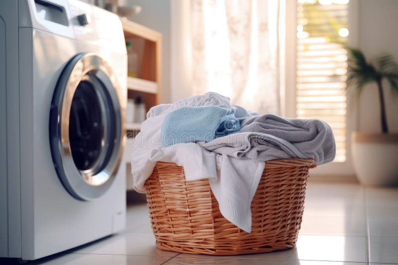 A washing machine and a coordinated laundry basket in the laundry room stock illustration