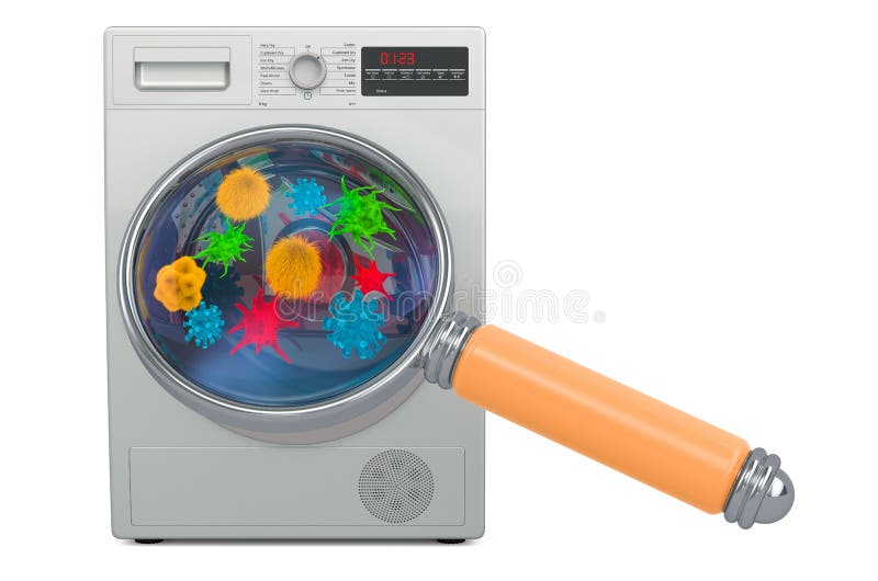 Washing Machine with Germs and Bacterias Under Magnifying Glass. 3D