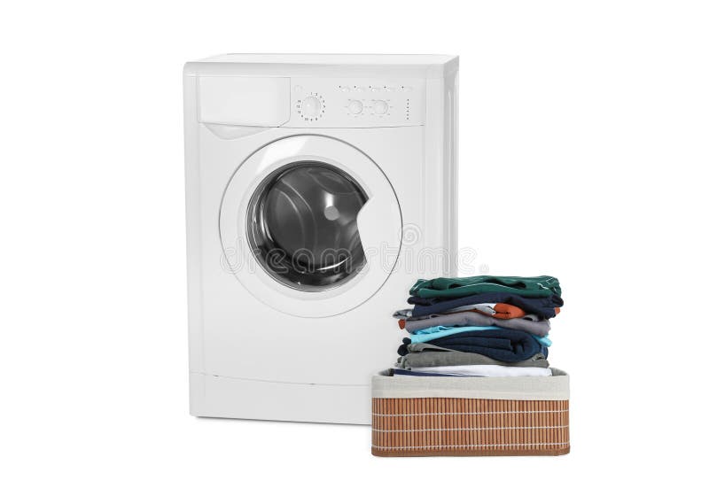 Washing Machine and Laundry Basket Full of Clean Clothes on White Background Stock Photo Image