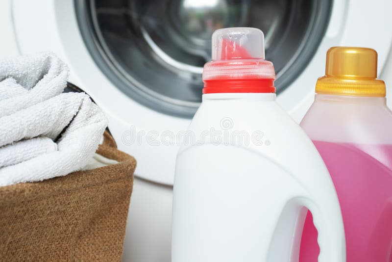 Washing Machine, Linen in Basket, Laundry Liquid Powder Stock Image