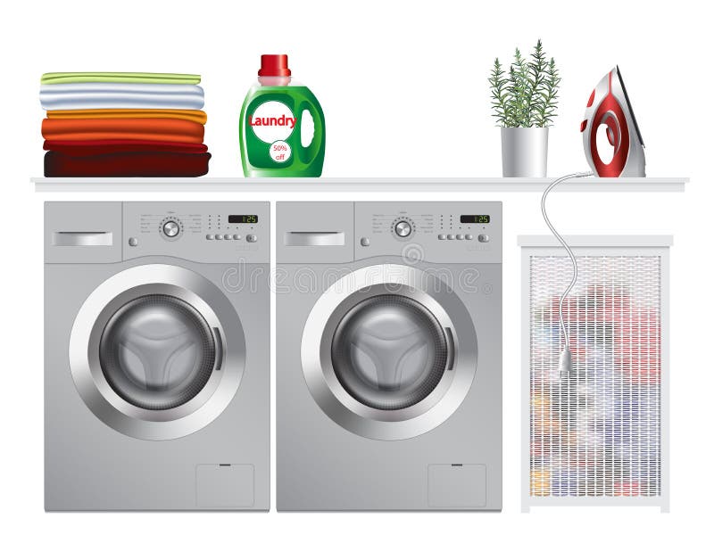 Washing machine in modern laundry room vector illustration