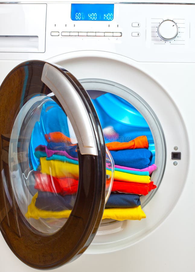 The Washing Machine with an Open Door and Linen Stock Image Image of