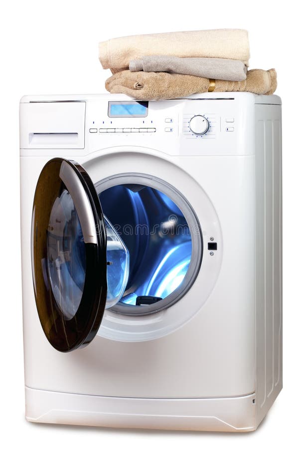 The Washing Machine with an Open Door and Linen Stock Image Image of
