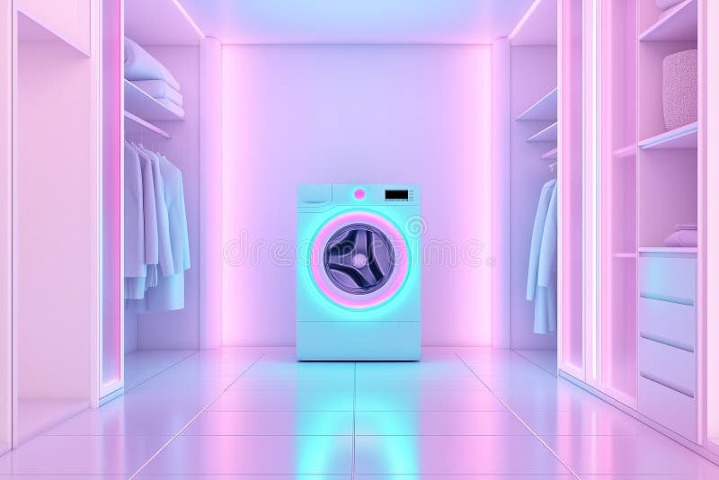 Washing machine shining in neon lights inside futuristic laundry room stock illustration