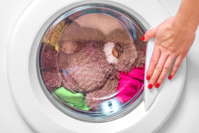 Teddy Bear in a Washing Machine. Stock Photo Image of female, love
