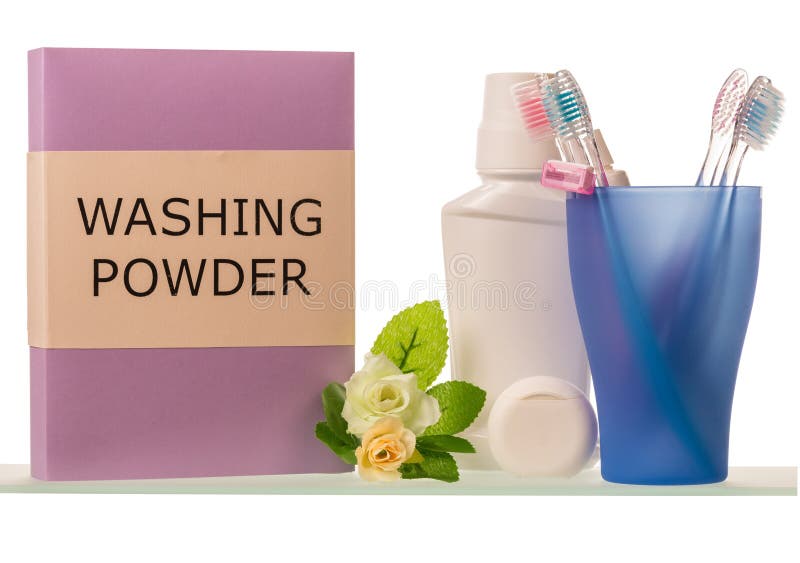 Washing powder and teeth-brushes stock photos