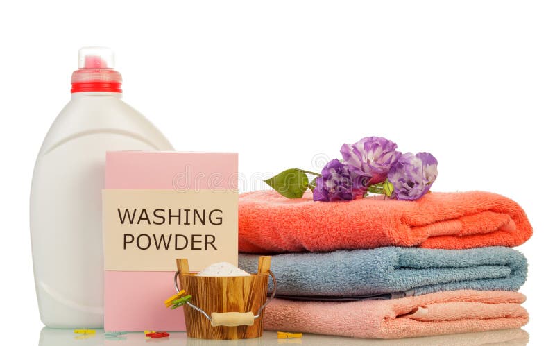 Washing powder and towels stock photos
