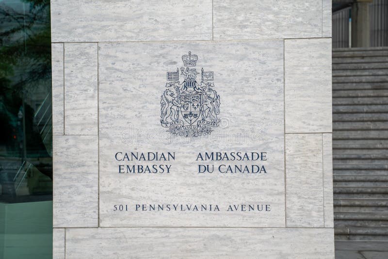 Washington, DC - August 5, 2019: Exterior sign for the Canadian Embassy, located on Pennsylvania Ave in downtown DC