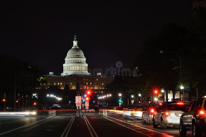 Washington DC, US Capitol from Pennsylvania Ave. with car light trails. Washington DC, US Capitol from Pennsylvania Ave. with car light trails