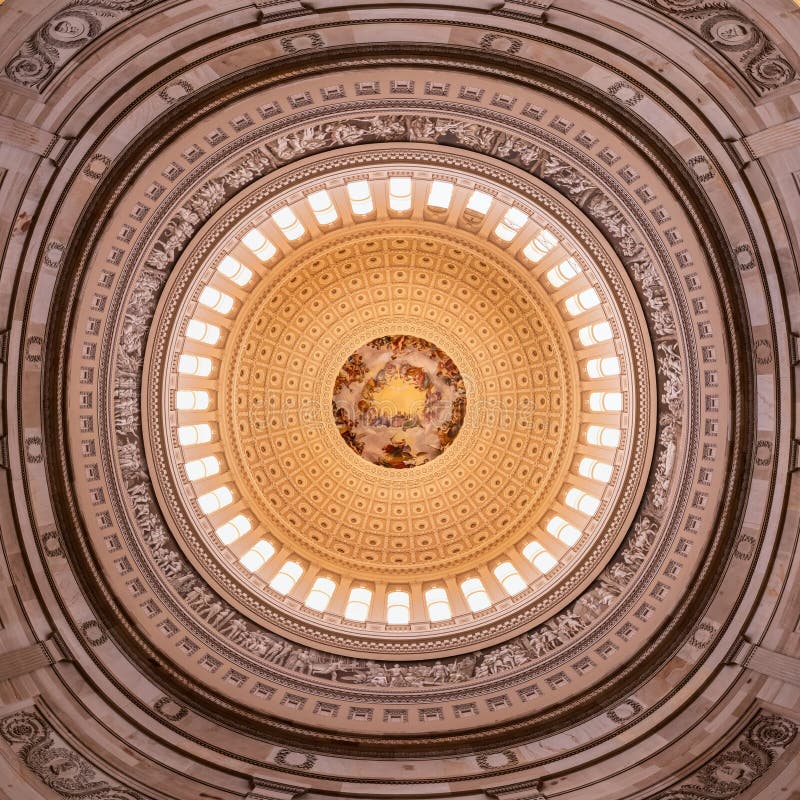 Washington, DC USA - June 25 2018: Wide angle panorama of the interior of the dome of US capitol rotunda with royalty free stock images Washington, DC USA - June 25 2018: Wide angle panorama of the interior of the dome of US capitol rotunda with royalty free stock images