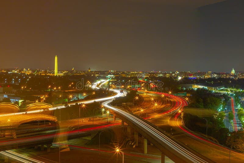 Washington DC Night photography aerial view. Washington Monument and Congress at night