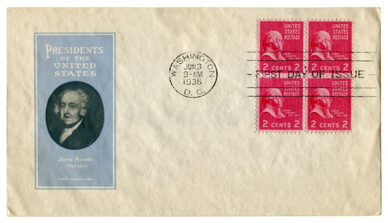 Washington, de V.S. - 3 Juni 1938: De historische envelop van de V.S.: dekking met cachetpresident van de Verenigde Staten John A stock afbeeldingen Washington, de V.S. - 3 Juni 1938: De historische envelop van de V.S.: dekking met cachetpresident van de Verenigde Staten John A stock afbeeldingen