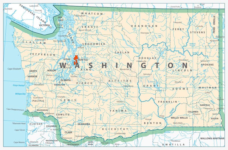 Washington State Detailed Map Stock Vector - Illustration of national
