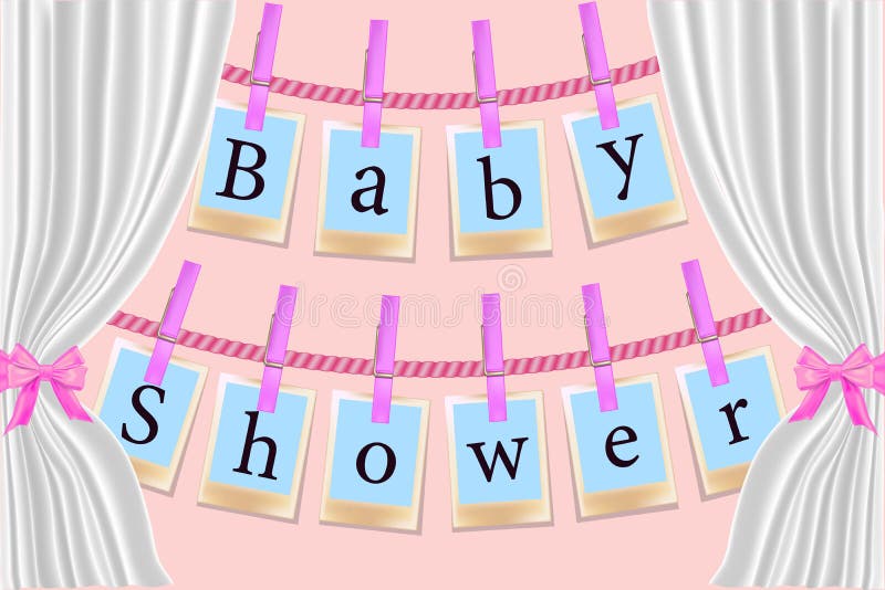 Wasknijperskaarten op roze achtergrond Uitnodigingskaart BabyShower voor een meisje met fotokaders Vector illustratie Eps 10 stock illustratie Wasknijperskaarten op roze achtergrond Uitnodigingskaart BabyShower voor een meisje met fotokaders Vector illustratie Eps 10 stock illustratie
