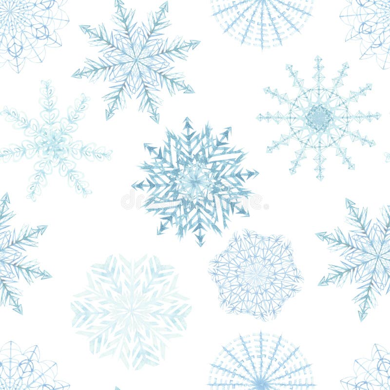 Wasserfarben handgemalt Winternatur gefrorenes diagonal nahtloses Muster mit blau verschiedenen Schneeflocken isoliert stock abbildung