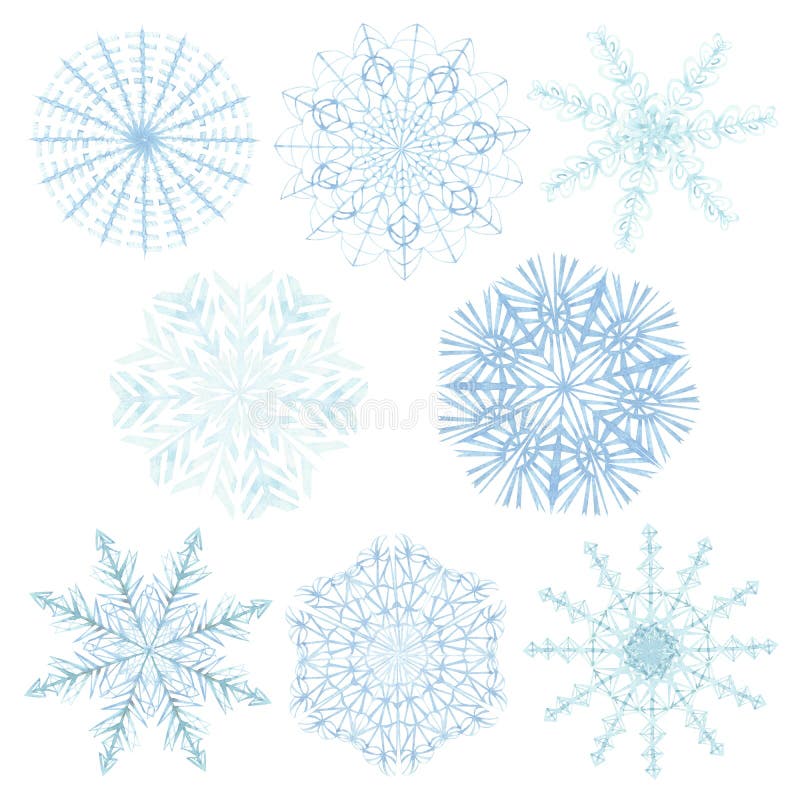Wasserfarben handgemalt Winternatur gefrorenes diagonal nahtloses Muster mit blau verschiedenen Schneeflocken isoliert lizenzfreie abbildung