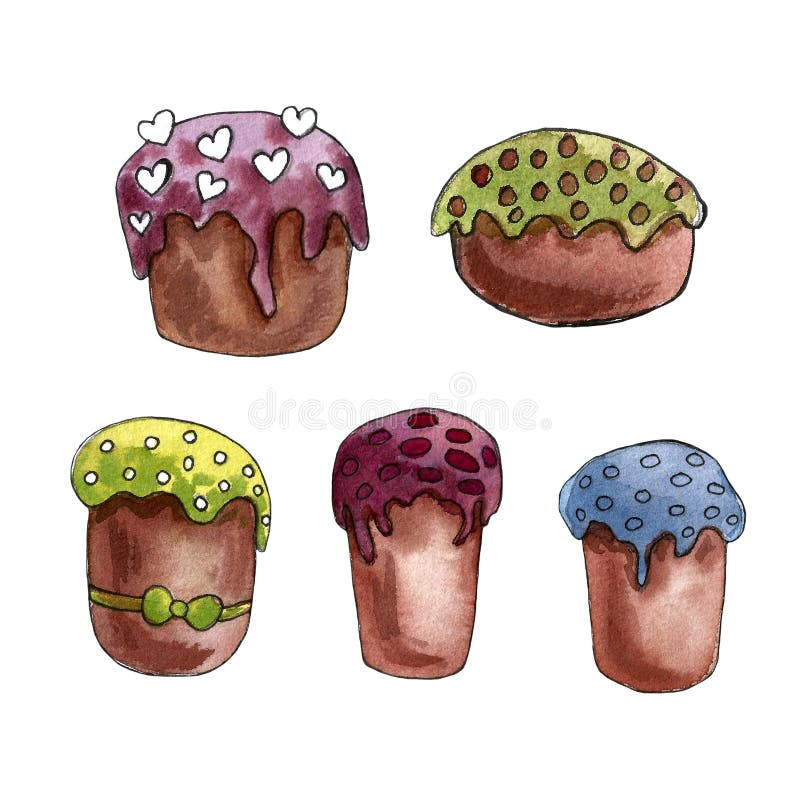 Wasserfarbene Osterset mit Kuchen, Blumen, Federn und Eiern Frühlingsurlaub Handgezeichnetes böhmisches Design im April vektor abbildung
