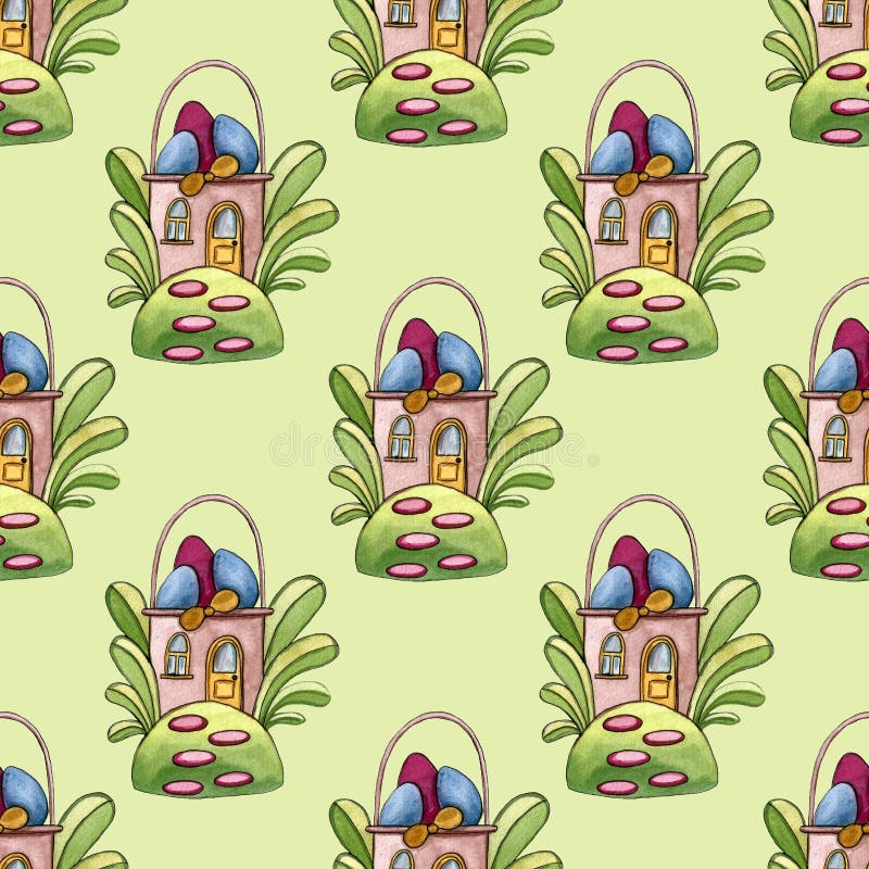 Wasserfarbene Osterset mit Kuchen, Blumen, Federn und Eiern Frühlingsurlaub Handgezeichnetes böhmisches Design im April lizenzfreie abbildung