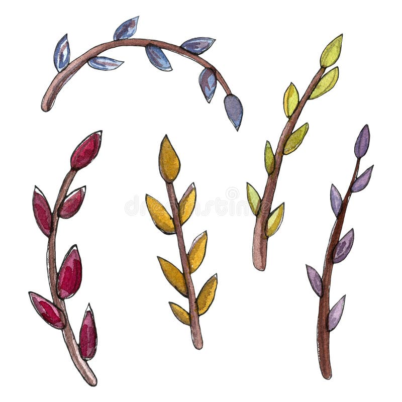 Wasserfarbene Osterset mit Kuchen, Blumen, Federn und Eiern Frühlingsurlaub Handgezeichnetes böhmisches Design im April stock abbildung