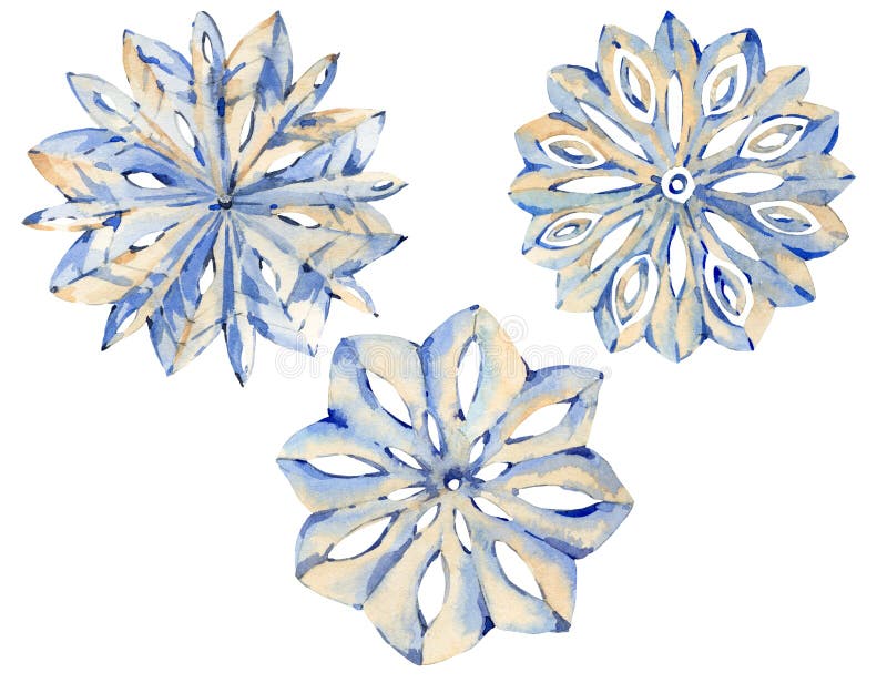 Wasserfarbene Winterkollektion verschiedener Schneeflocken Weihnachtswasserfarben-Vintage-Illustration isoliert auf weißem Hinter lizenzfreie abbildung