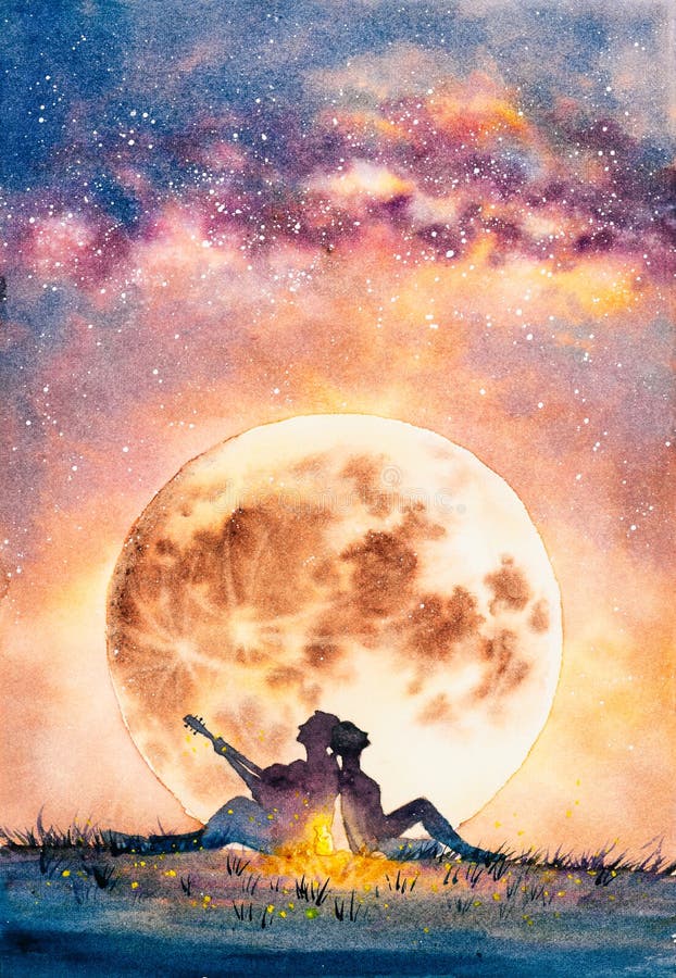 Watercolor Painting about Young man delivers his affection to a fantastic one by guitar under moon night. Watercolor Painting about Young man delivers his affection to a fantastic one by guitar under moon night