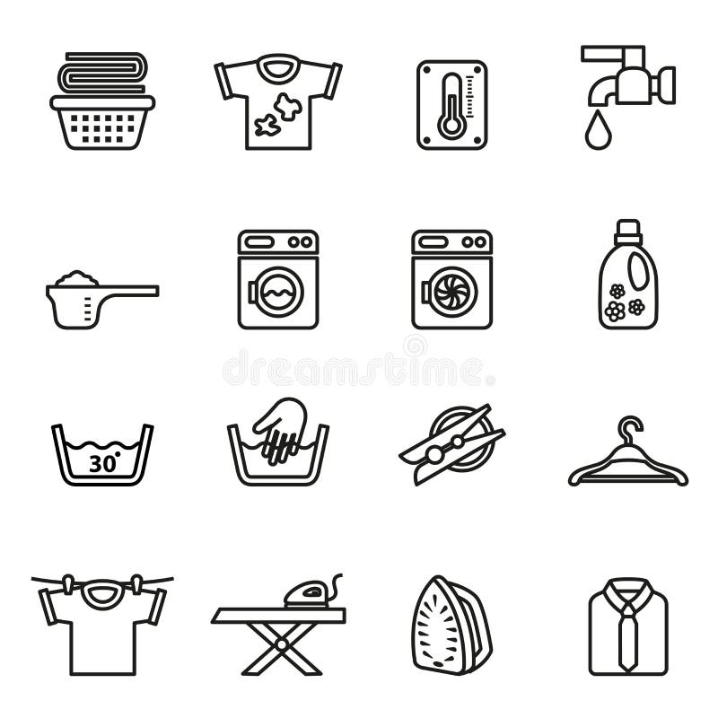 Wasserij, Huishoudelijk werkpictogrammen met witte achtergrond worden geplaatst die vector illustratie Wasserij, Huishoudelijk werkpictogrammen met witte achtergrond worden geplaatst die vector illustratie