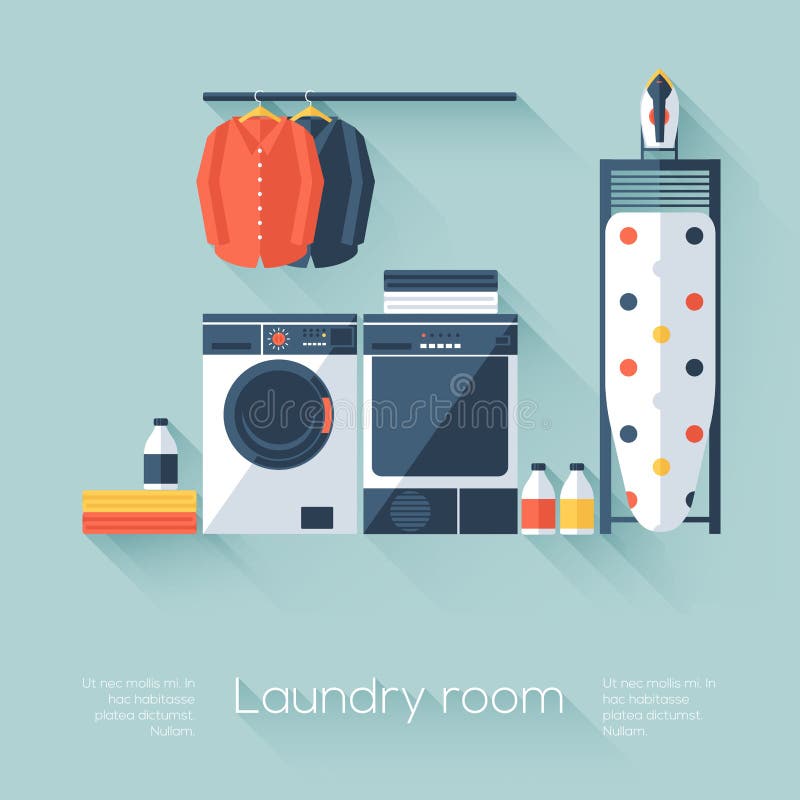 Wasserijruimte met wasmachine en droger Vlakke stijl met lange schaduwen Modern in ontwerp stock illustratie Wasserijruimte met wasmachine en droger Vlakke stijl met lange schaduwen Modern in ontwerp stock illustratie