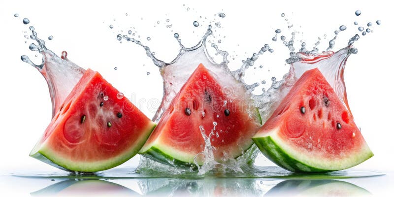 Wassermelone spritzen drei Scheiben Wassermelone in einer Wasserexplosion lizenzfreie abbildung