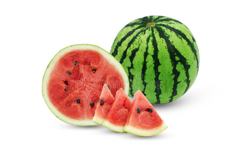 Wassermelonen und Wassermelonisolat in Scheiben auf weißem Hintergrund stockfotografie Wassermelonen und Wassermelonisolat in Scheiben auf weißem Hintergrund stockfotografie
