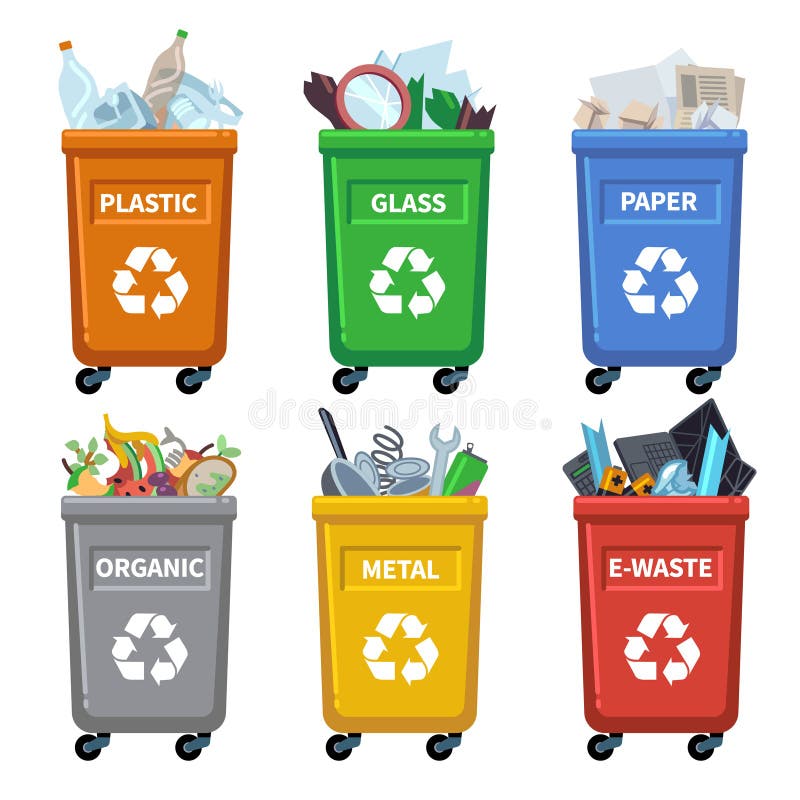 Waste bin categories. Trash recycle, separating garbage containers. Organic paper plastic glass metal mixed waste vector royalty free illustration Waste bin categories. Trash recycle, separating garbage containers. Organic paper plastic glass metal mixed waste vector royalty free illustration