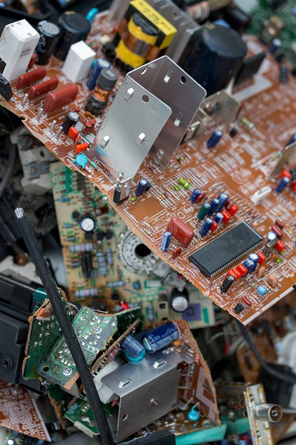 Waste of Board Electronics, Microcircuits, Capacitors Stock Image