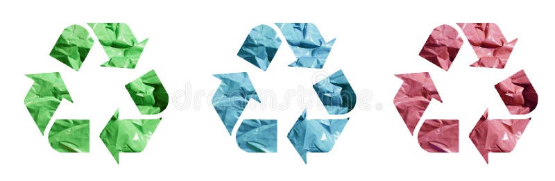 Waste recycle emblem. Green plastic bag texture background. Isolation on white. Stop garbage. Reuse materials.