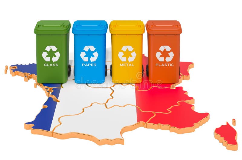 Waste Recycling in France. Colored Trash Cans on the Map of France, 3D Rendering Stock 