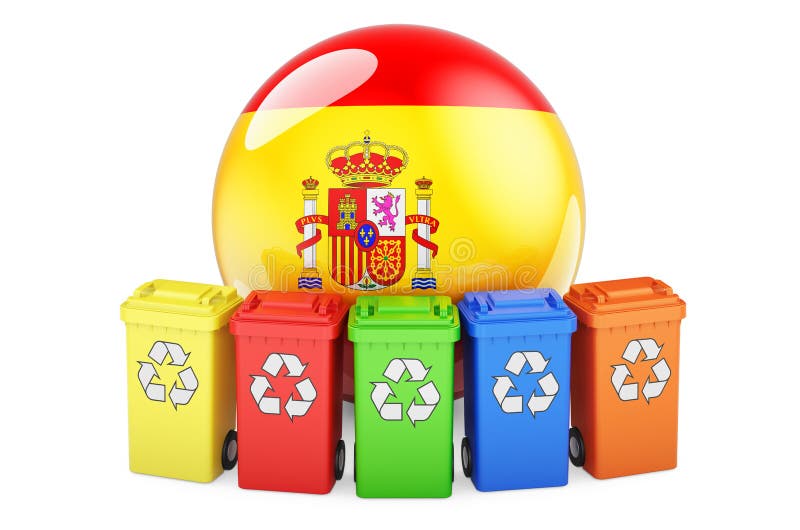 Waste Recycling in Spain. Colored Recycling Bins with Spanish Flag, 3D