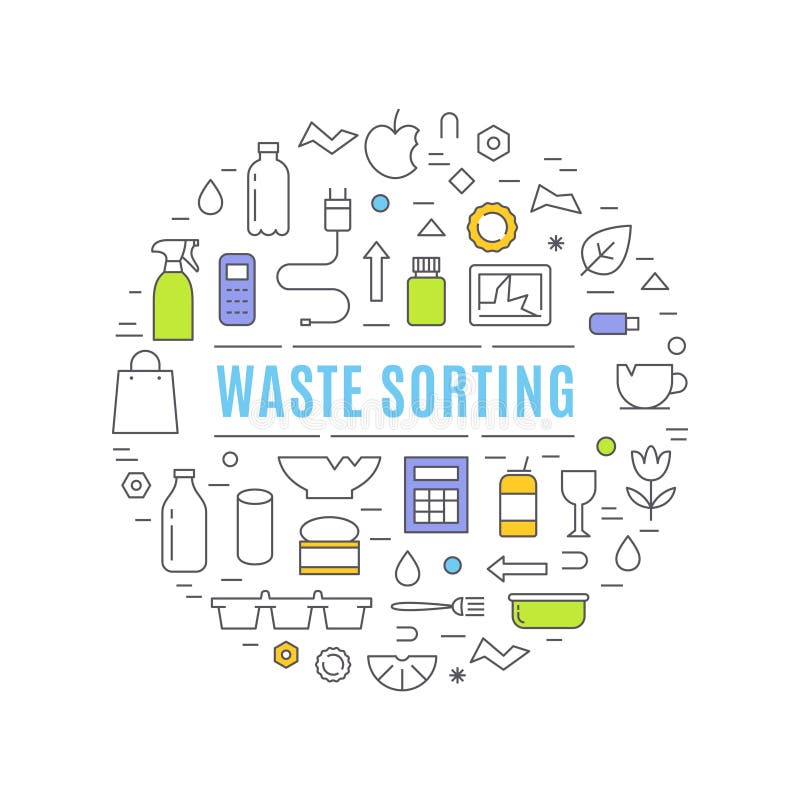 Waste Sorting and Management Vector Graphics Circle Sign. Flat Outline Design stock illustration Waste Sorting and Management Vector Graphics Circle Sign. Flat Outline Design stock illustration
