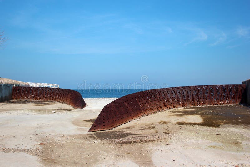 Waste trap system for blocking wastes going to sea from the Karabucak river in Kemer, Turkey stock images