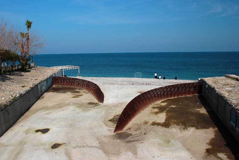 Waste trap system for blocking wastes going to sea from the Karabucak river in Kemer, Turkey stock photos