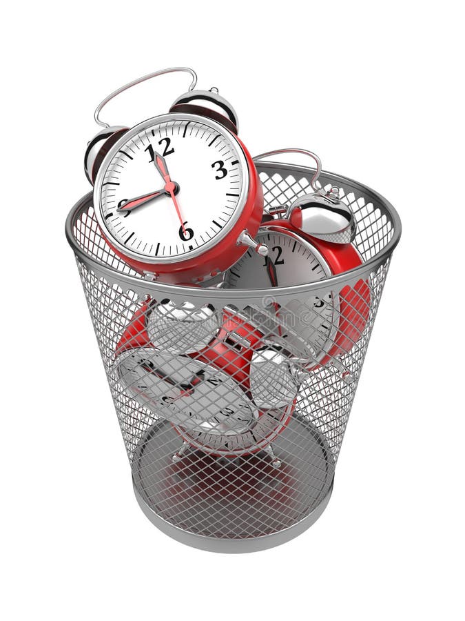 Wasting Time Concept: Clocks In Trash Bin. Stock Illustration
