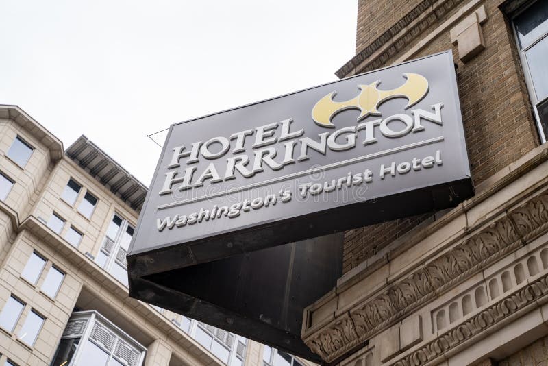 Washington, DC - May 9, 2019: Sign for Hotel Harrington, Washington DCs tourist hotel, an historic hotel in downtown DC. Washington, DC - May 9, 2019: Sign for Hotel Harrington, Washington DCs tourist hotel, an historic hotel in downtown DC.