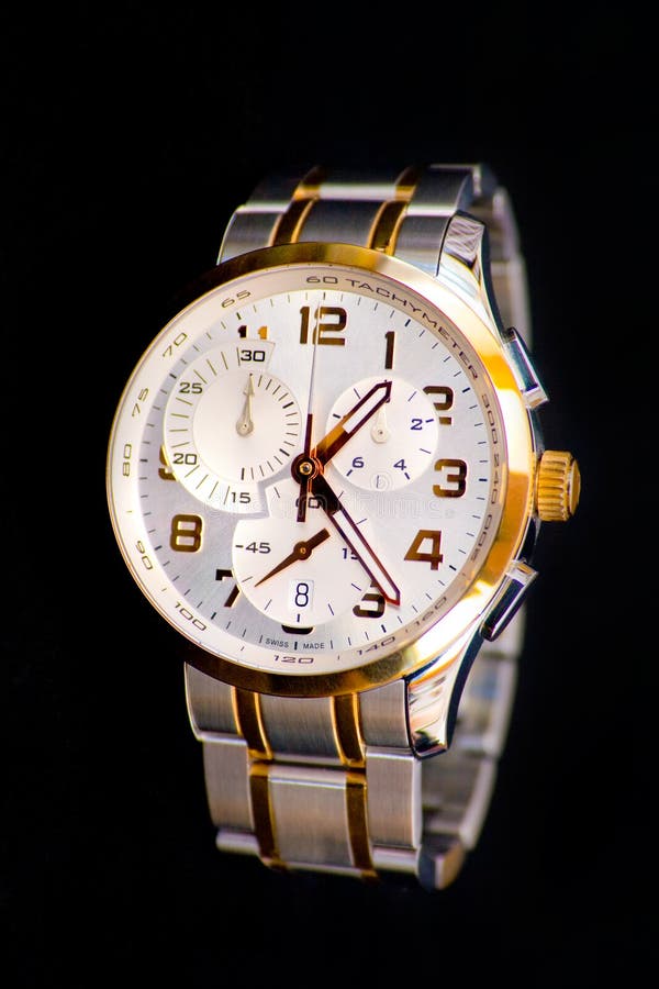 Classic swiss watch with chronograph on black background. Button clasp stock images, royalty-free photos and pictures