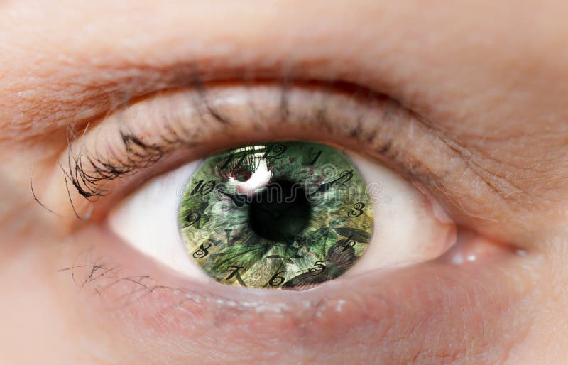 Green Eye with Clock As a Concept of Time Passing for Humans Stock ...
